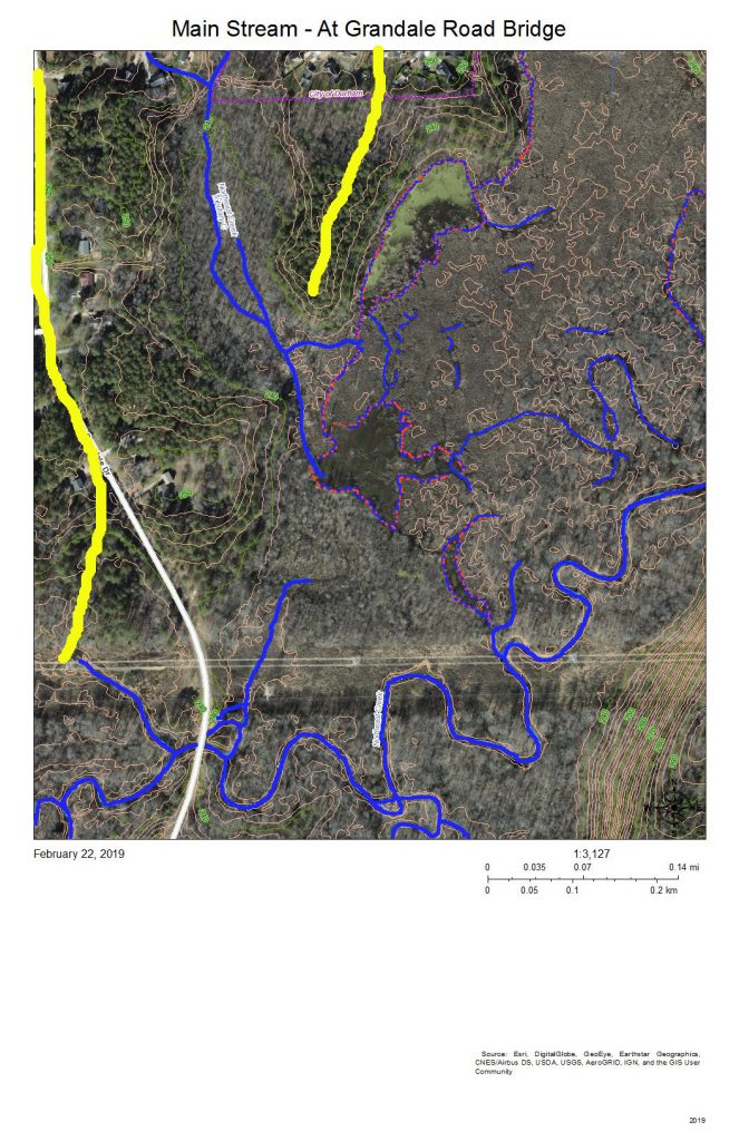 A map of the wetlands around the main stream of Northeast Creek at Grandale Road bridge